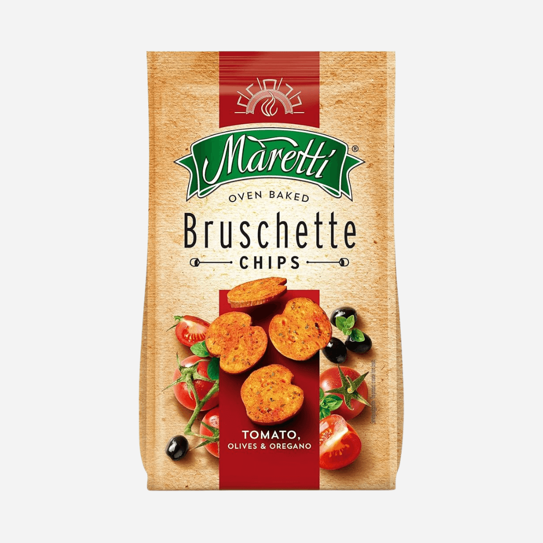 Maretti Bruschette Tomato, Olives & Oregano Flavour Crunchy Italian Inspired Chips
